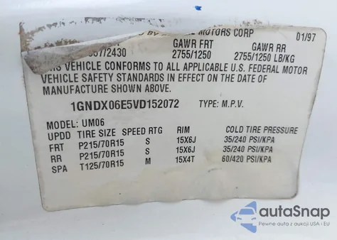 1997 Chevrolet Venture из США, поврежденный, VIN 1GNDX06E5VD152072